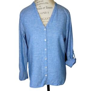 MARFINNO Linen Roll Tab Top Womens G Large‎ Blue Button Down Minimalist Coastal